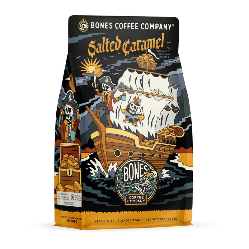 Bones Coffee Company قهوة بونز كوفي كومباني بنكهة الكراميل المملح، تحميص متوسط، حبوب أرابيكا منخفضة الحموضة، متوافقة مع ماكينة القهوة الأوتوماتيكية والفرنسية، 12 أونصة حبوب كاملة - Image 1